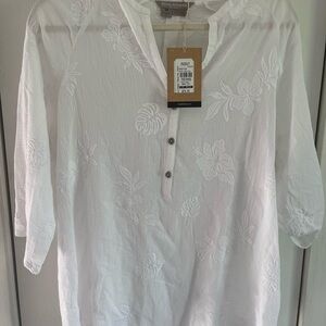 Royal Robbins Button till tab 3/4 sleeve white cotton top NEw